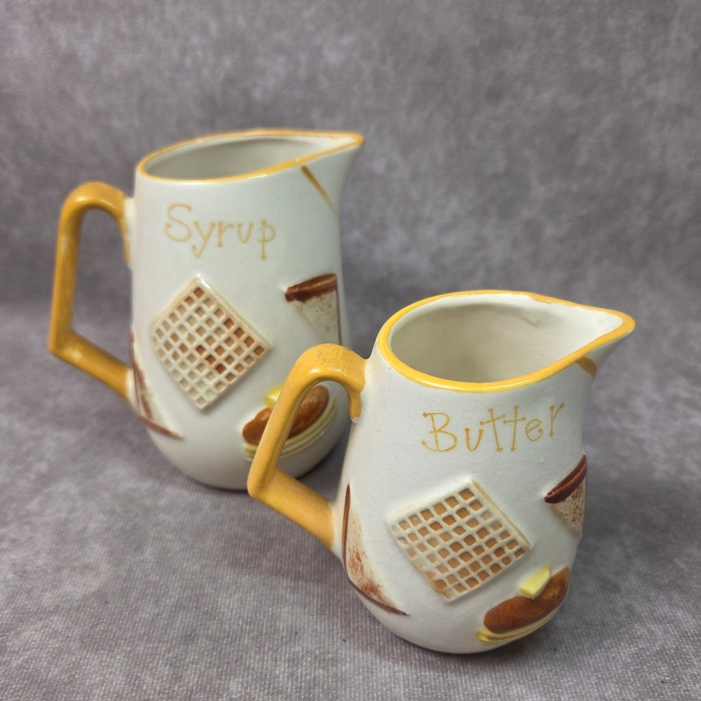 Vintage Napcoware Ceramic Syrup and Butter Pitcher Set C-5818 Breakfast Waffle